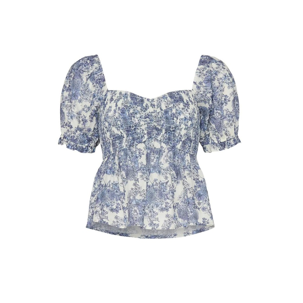 Louna Blue Floral Toile Puff Sleeve Smocked Peplum Blouse XL Cottage Romantic